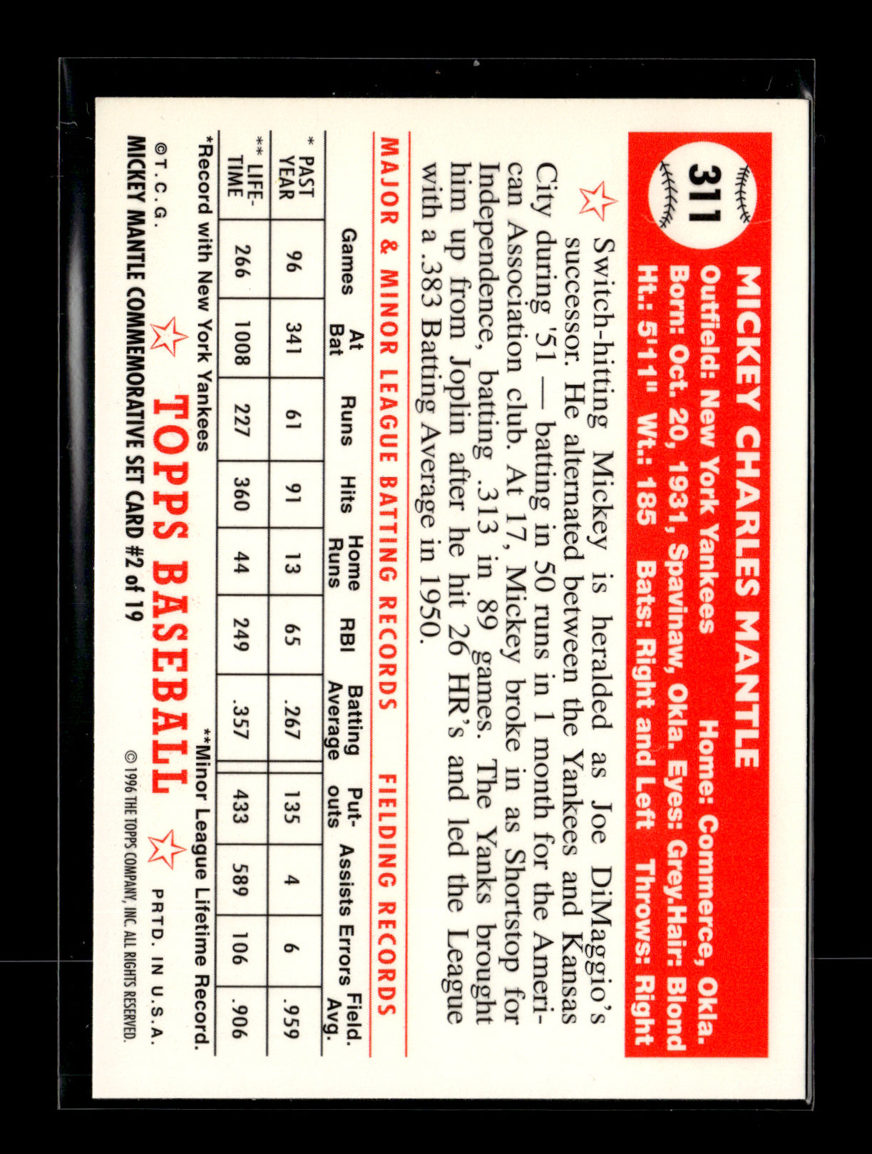 1996 Topps Mickey Mantle #2 Mickey Mantle Commemorative Reprints : Green New York Yankees
