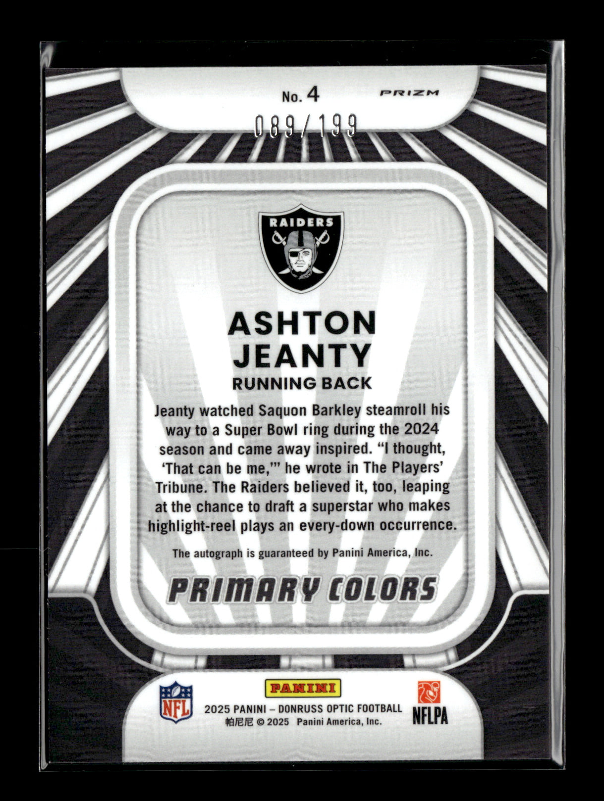 2025 Donruss Optic Ashton Jeanty #4 Rookie Recruits Autographs #/199 Las Vegas Raiders