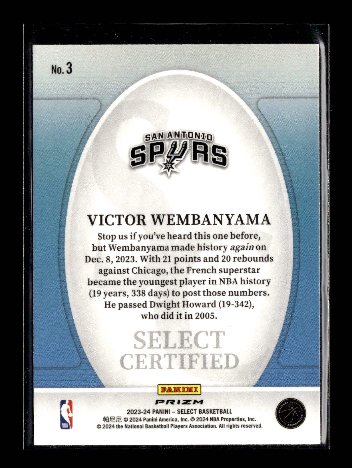 2023-24 Panini Select Victor Wembanyama #3 Select Certified Tectonic Prizms San Antonio Spurs