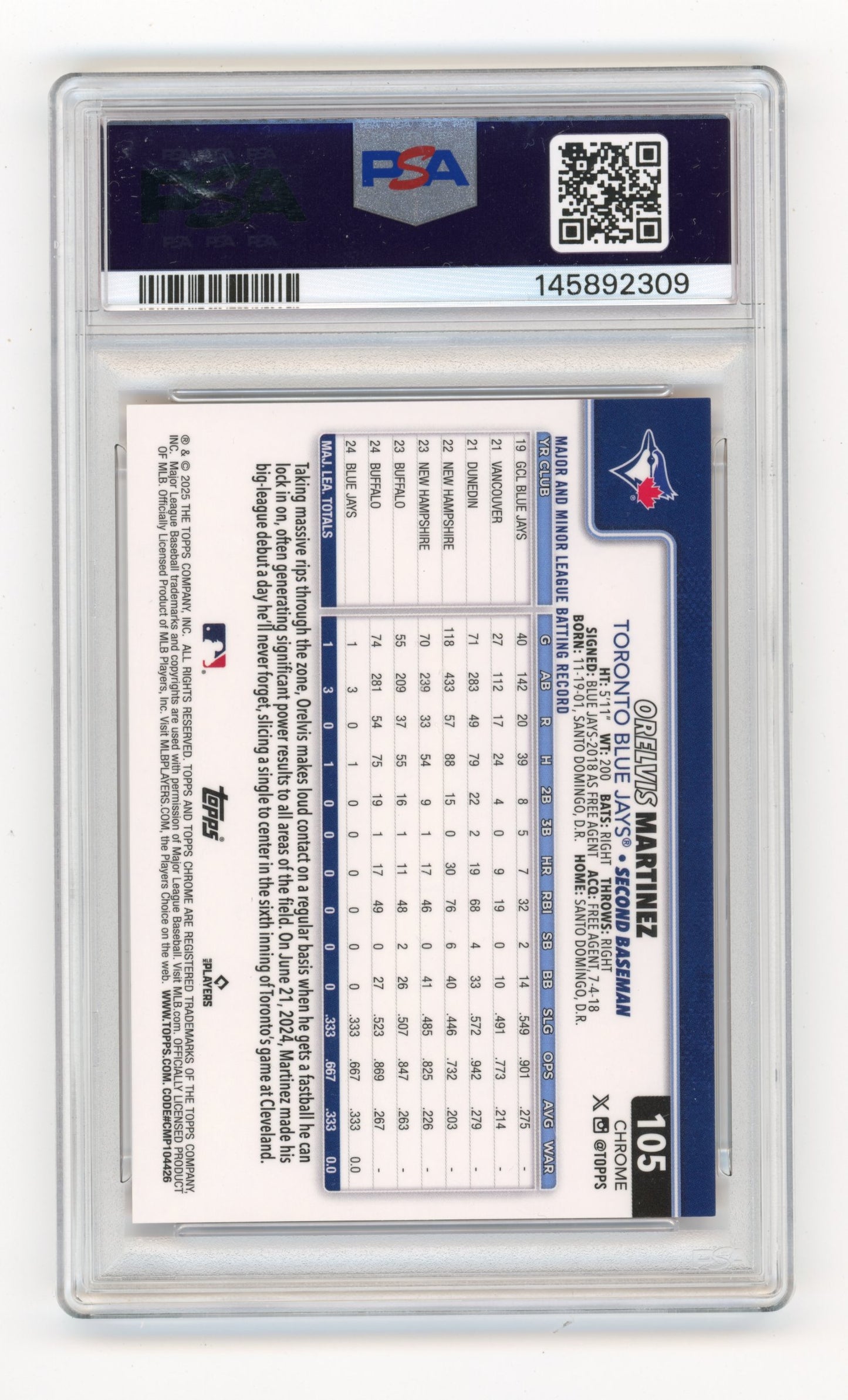 2025 Topps Chrome Logofractor Edition Orelvis Martinez #105 Orange Refractors #/25 Toronto Blue Jays