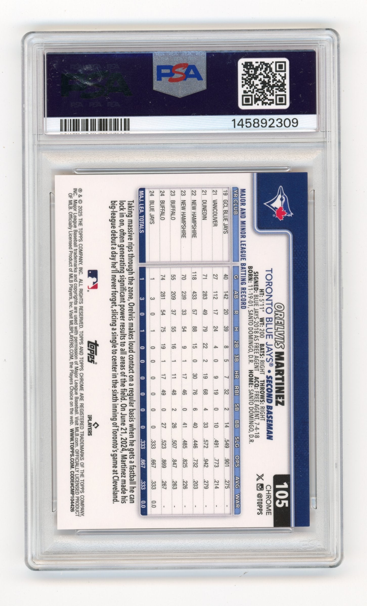 2025 Topps Chrome Logofractor Edition Orelvis Martinez #105 Orange Refractors #/25 Toronto Blue Jays
