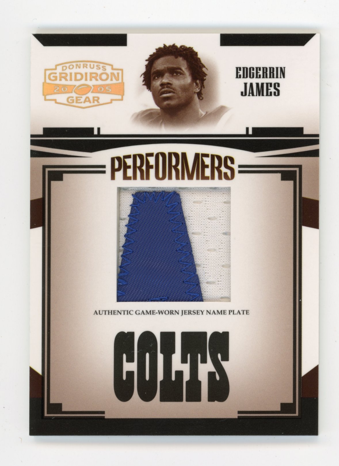 2005 Donruss Gridiron Gear Edgerrin James #P-18 Performers Jerseys Name Plate #/50 Indianapolis Colts