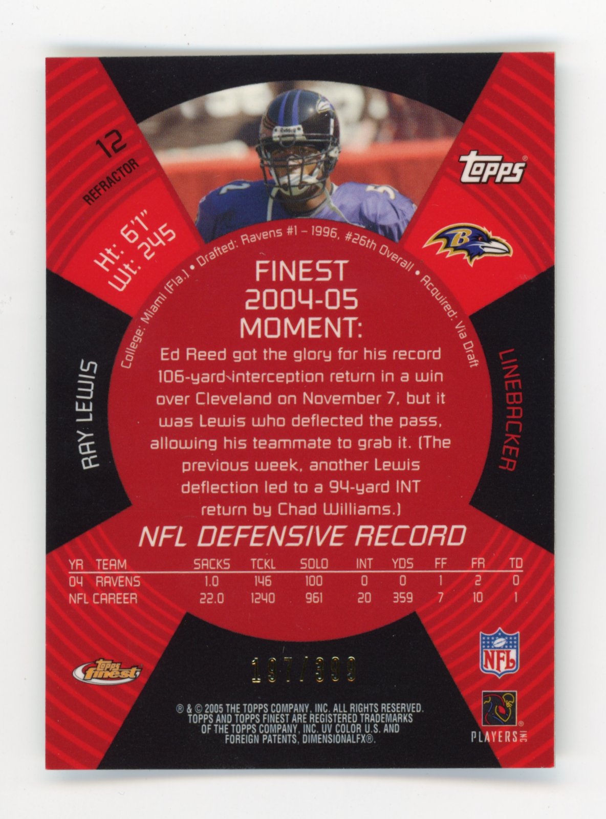 2005 Finest Ray Lewis #12 Refractors #/399 Baltimore Ravens