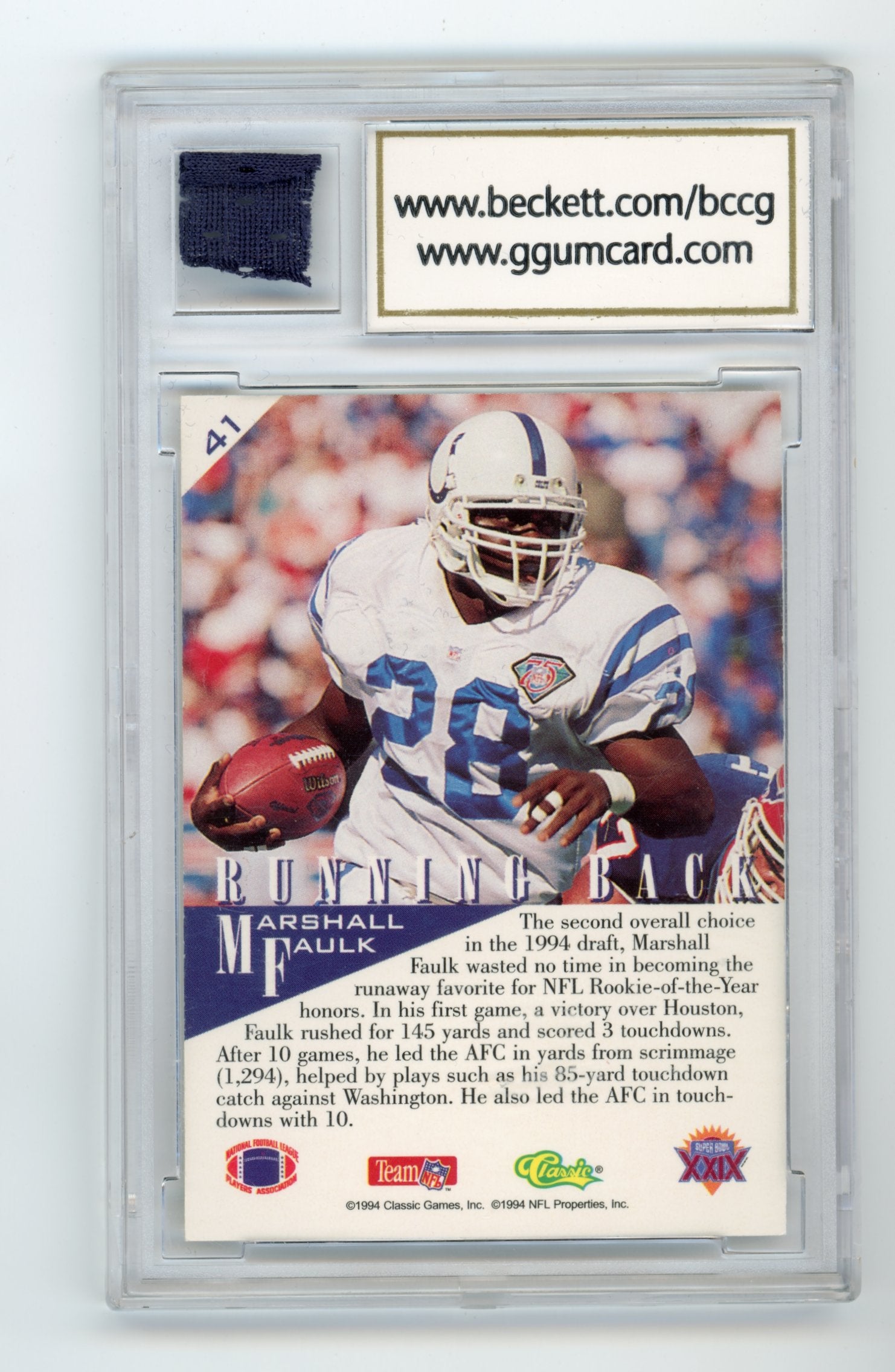 1995 Classic NFL Experience Marshall Faulk #41 BCCG 9 Indianapolis Colts