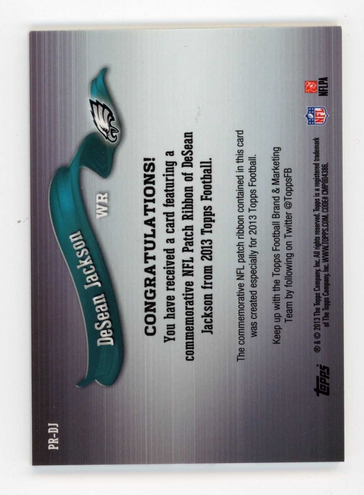 2013 Topps DeSean Jackson #PR-DJ Ribbons NFL Camo Logo Philadelphia Eagles