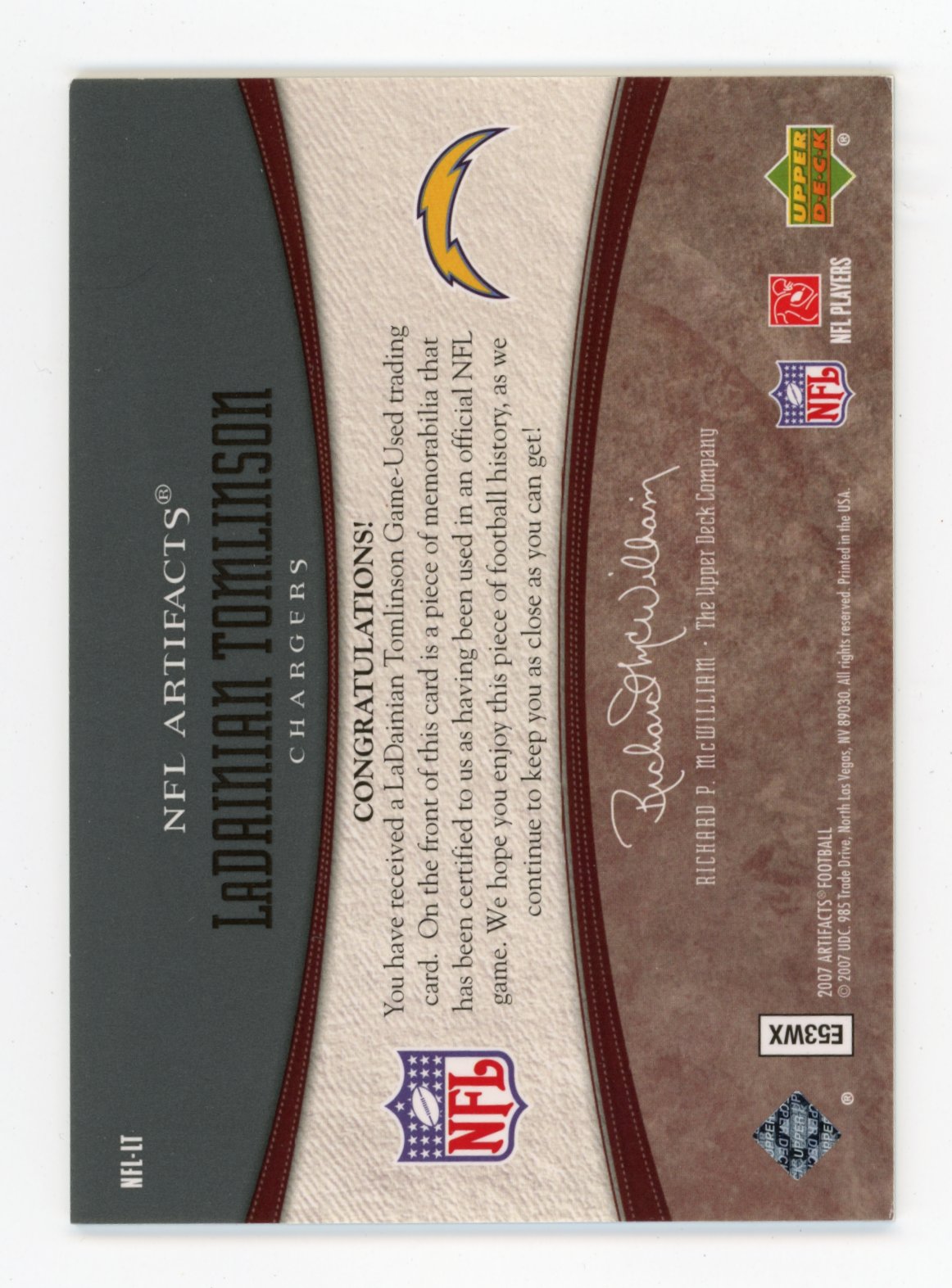 2007 Upper Deck Artifacts LaDainian Tomlinson #NFL-LT NFL Artifacts #/325 San Diego Chargers