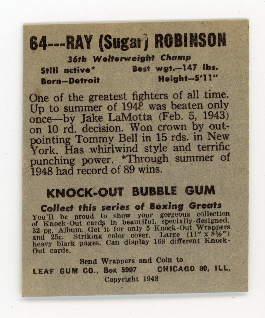 1948 Leaf Boxing Ray (Sugar) Robinson #64