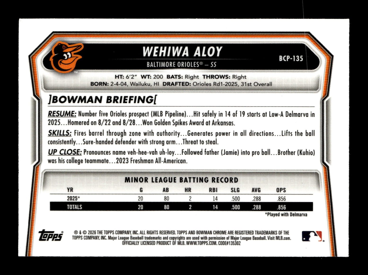 2026 Bowman Wehiwa Aloy #BCP-135 Chrome Prospects Reptilian Refractor Baltimore Orioles