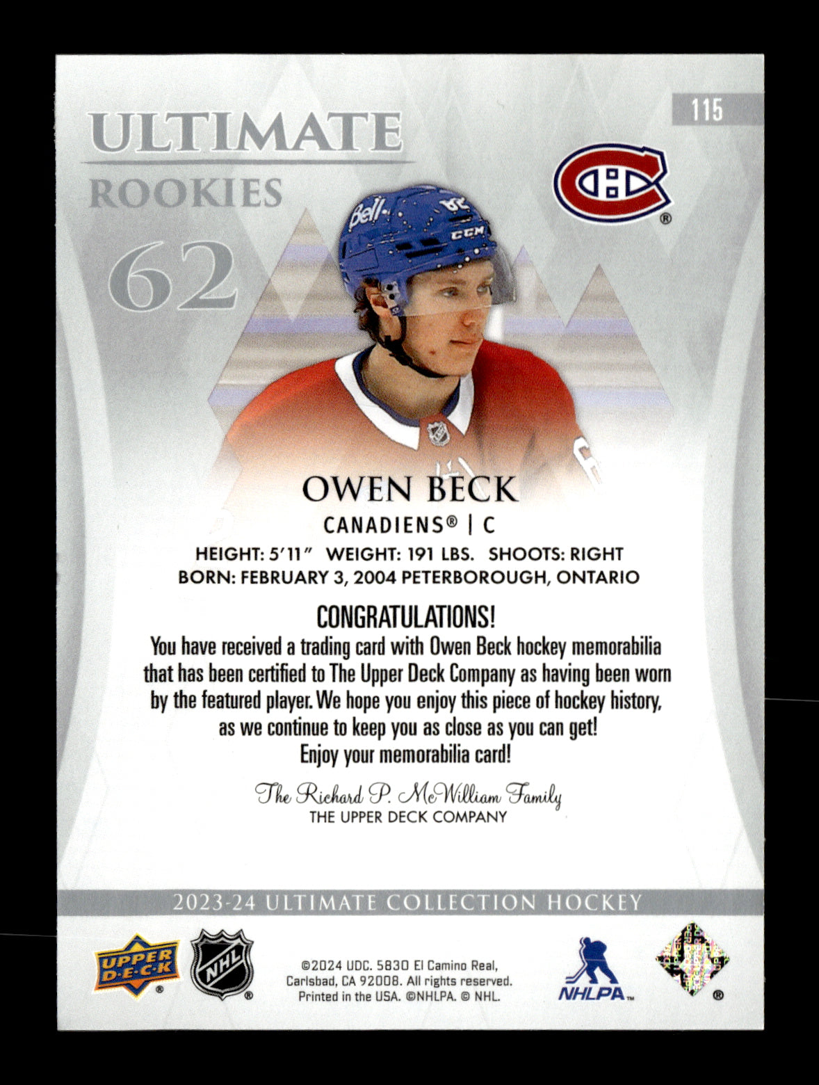 2023-24 Upper Deck Ultimate Collection Owen Beck #115 Ultimate Rookies Jersey #/599 Montreal Canadiens