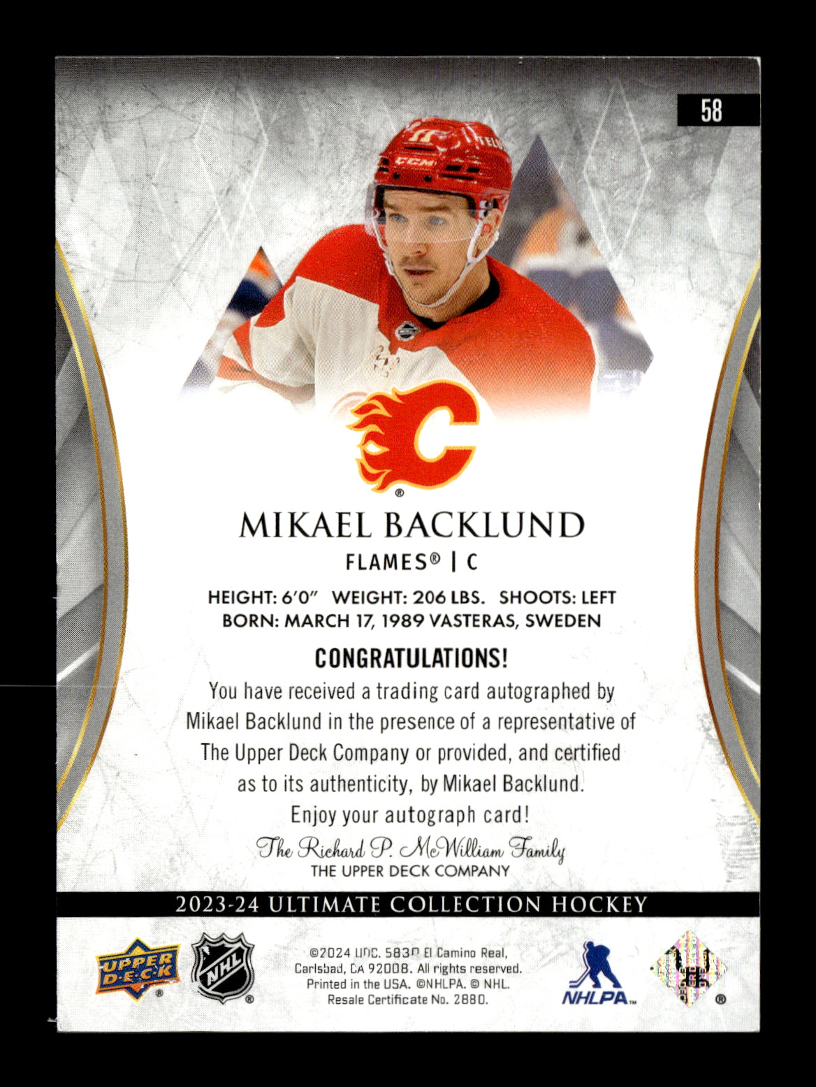 2023-24 Upper Deck Ultimate Collection Mikael Backlund #58 Autographs Calgary Flames