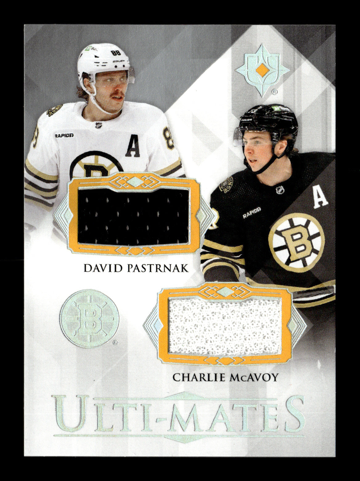 2023-24 Upper Deck Ultimate Collection David Pastrnak / Charlie McAvoy #UTM-PM Ulti-Mates Dual Jersey Boston Bruins