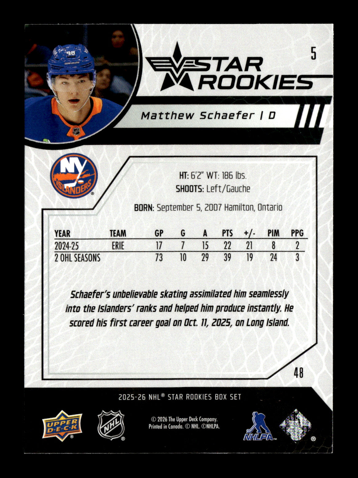 2025-26 Upper Deck NHL Star Rookies Box Set Matthew Schaefer #5 New York Islanders