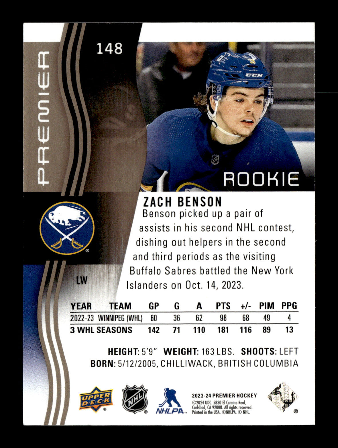 2023-24 Upper Deck Premier Zach Benson #148 Bronze #/199 Buffalo Sabres