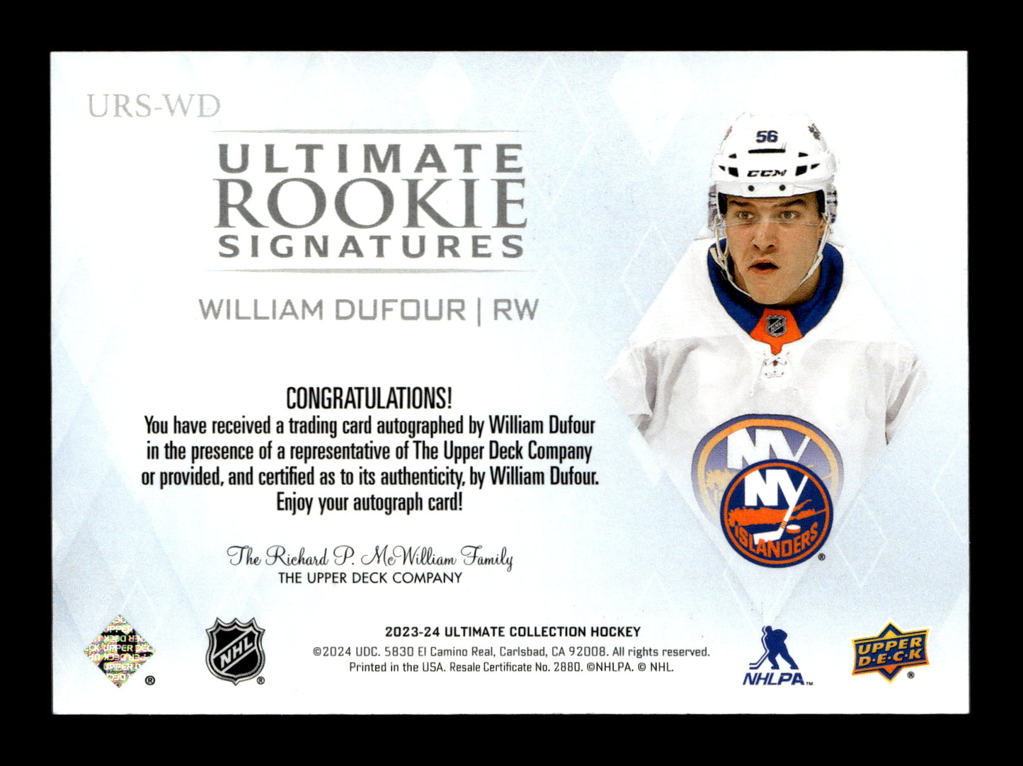 2023-24 Upper Deck Ultimate Collection William Dufour #URS-WD Ultimate Rookie Signatures New York Islanders