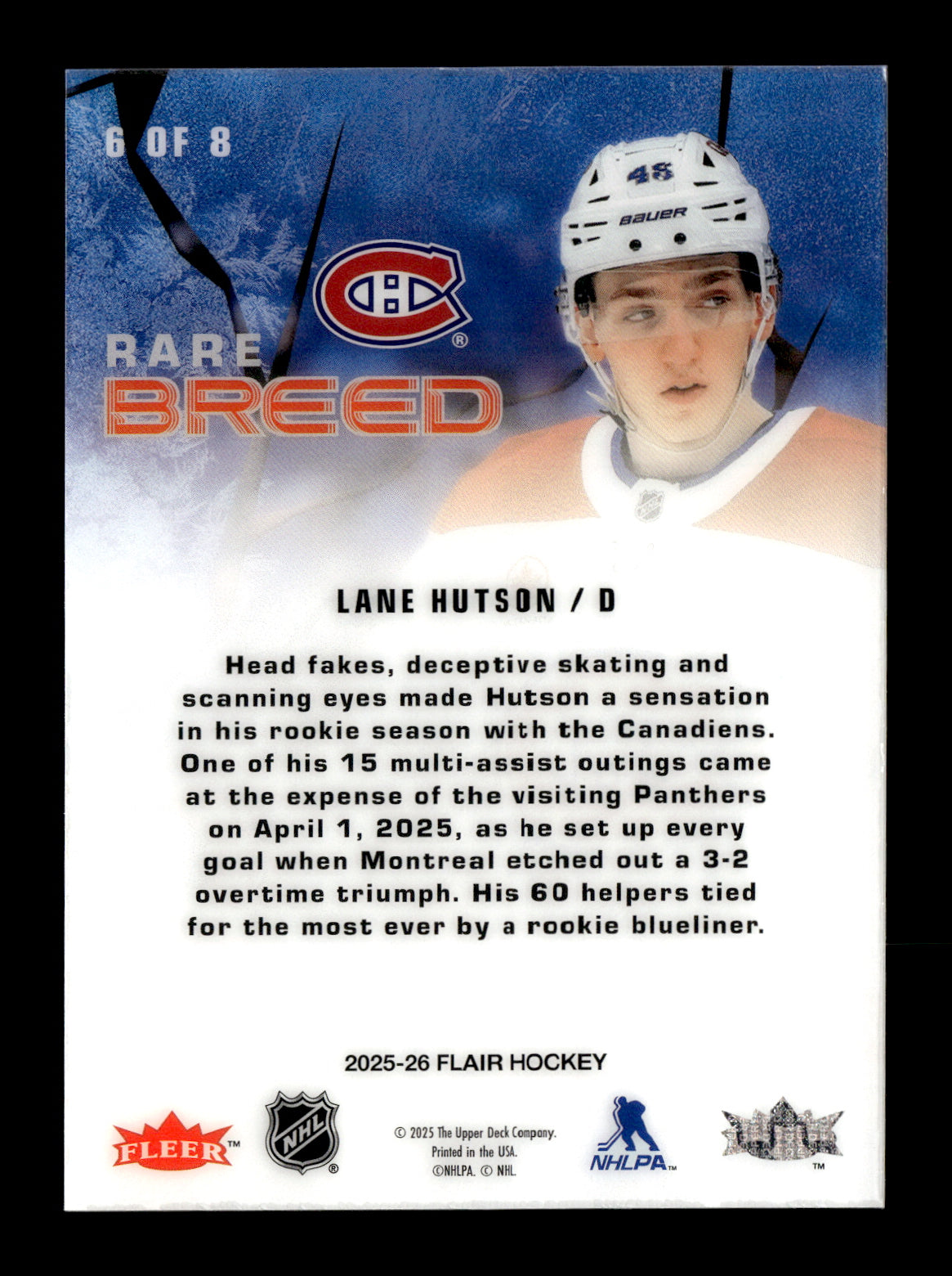 2025-26 Flair Lane Hutson #6 Rare Breed Montreal Canadiens