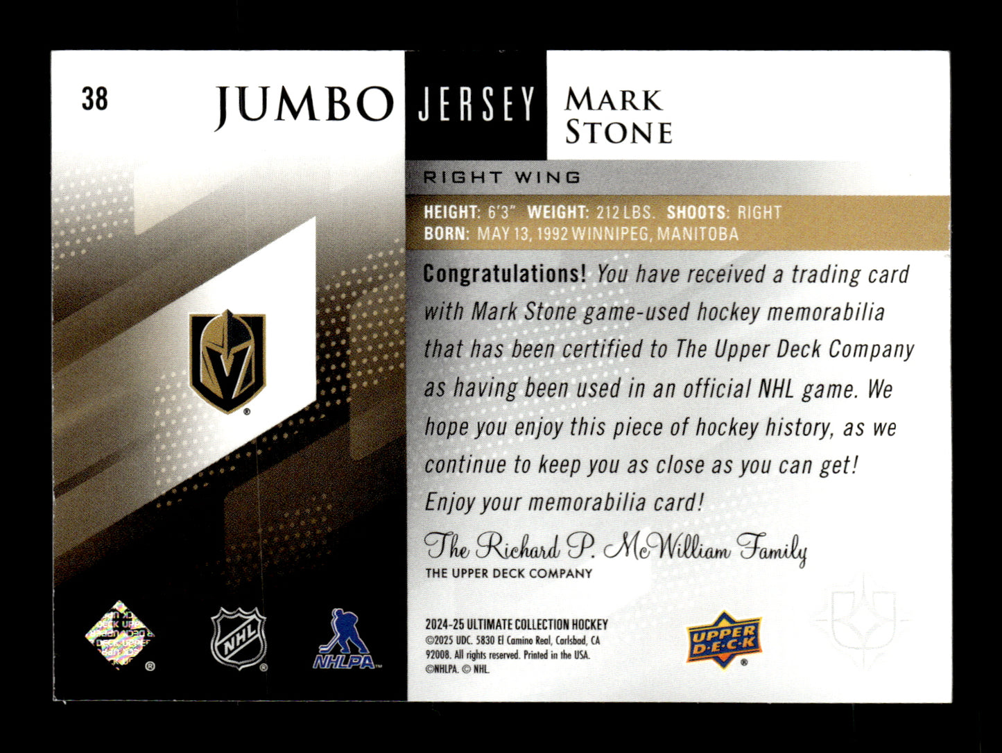 2024-25 Upper Deck Ultimate Collection Mark Stone #38 Jumbo Jersey #/199 Vegas Golden Knights
