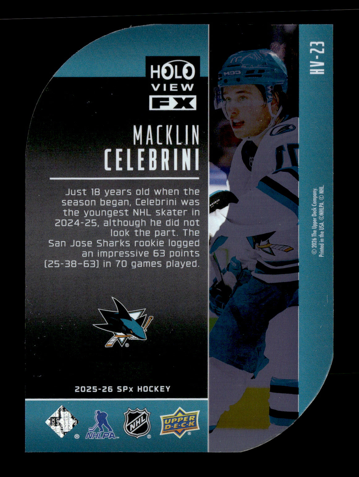 2025-26 SPx Macklin Celebrini #HV-23 Holoview F/X San Jose Sharks