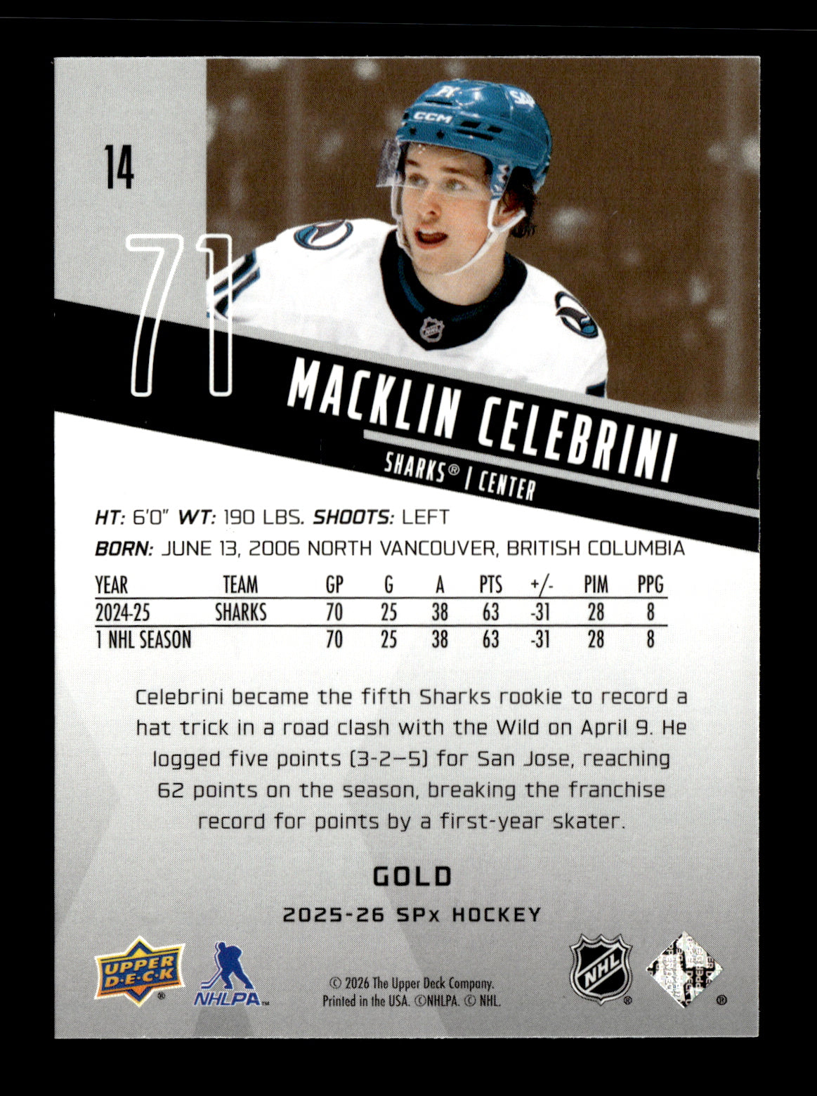 2025-26 SPx Macklin Celebrini #14 Gold San Jose Sharks