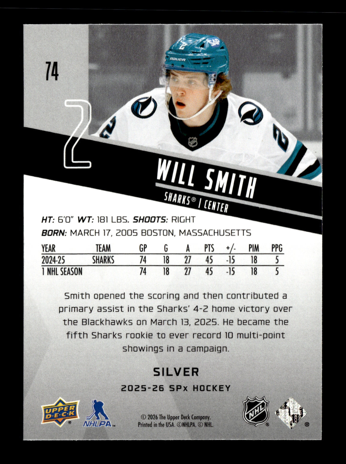 2025-26 SPx Will Smith #74 Silver San Jose Sharks