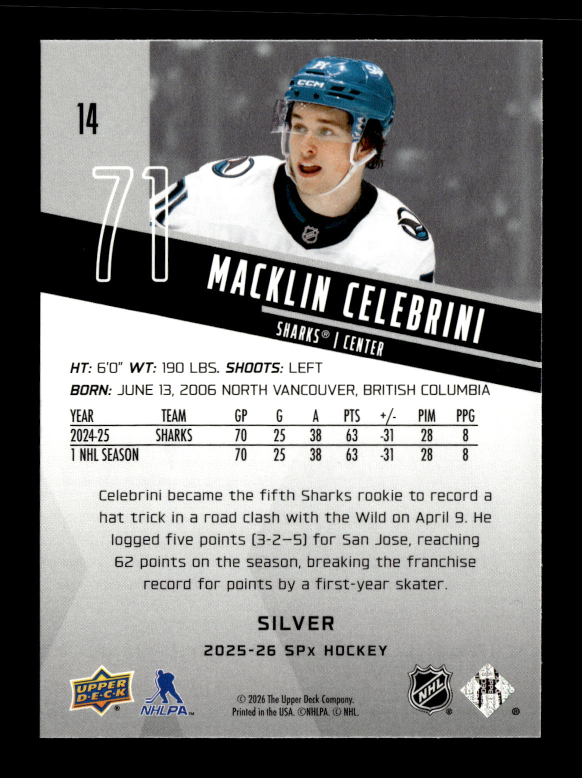 2025-26 SPx Macklin Celebrini #14 Silver San Jose Sharks