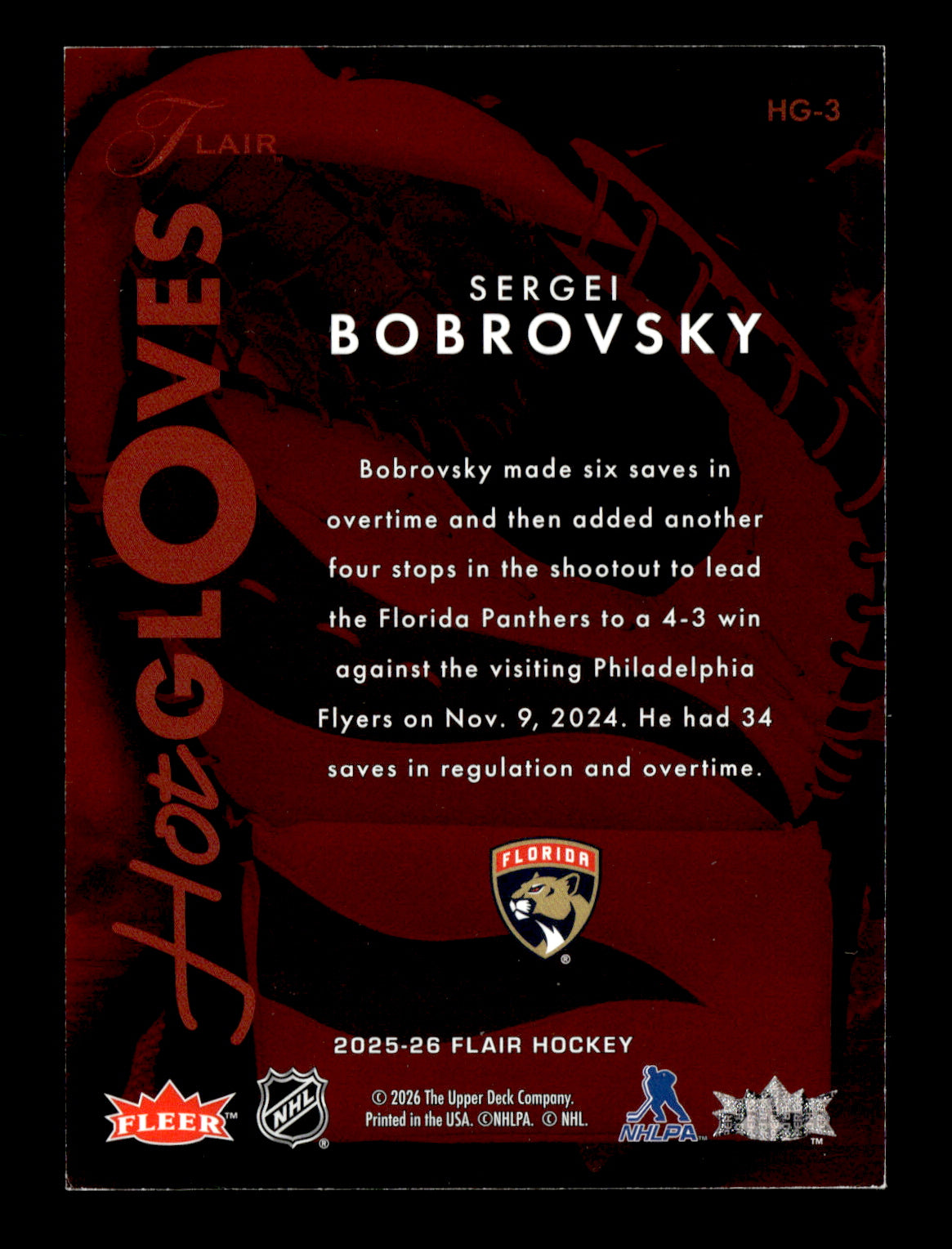 2025-26 Flair Sergei Bobrovsky #HG-3 Hot Gloves Florida Panthers