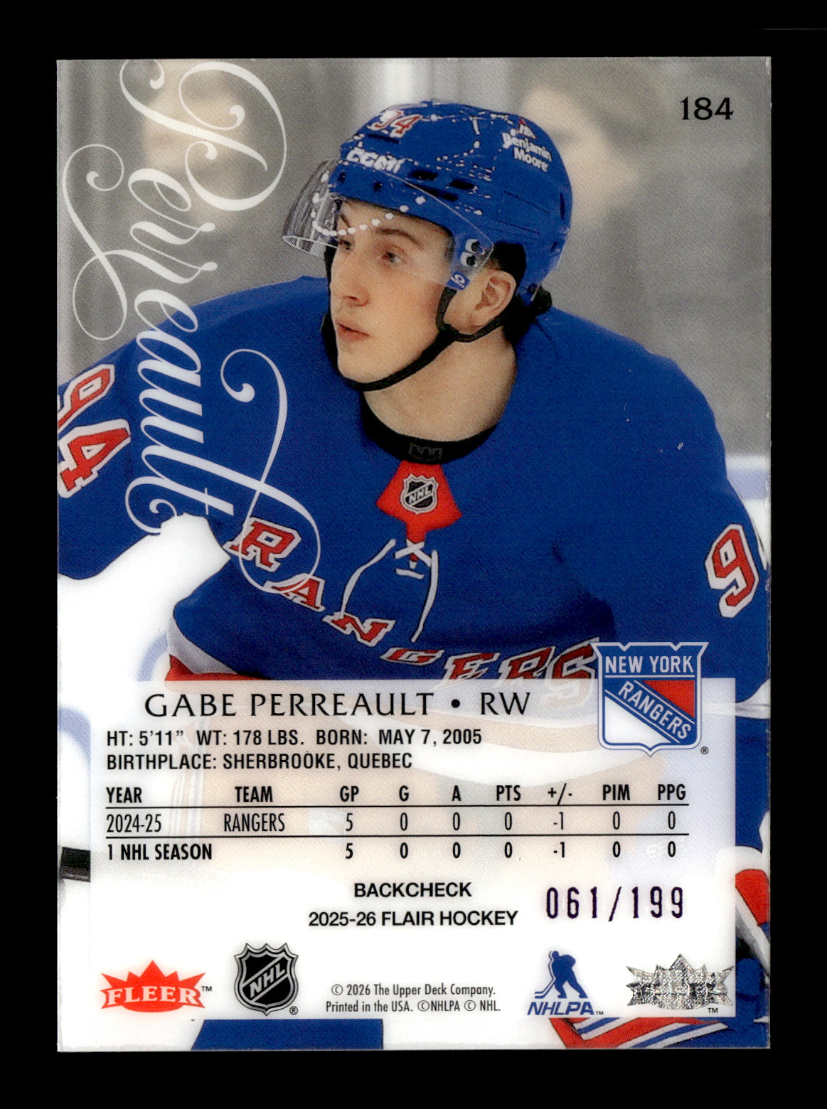 2025-26 Flair Gabe Perreault #184 Backcheck #/199 New York Rangers