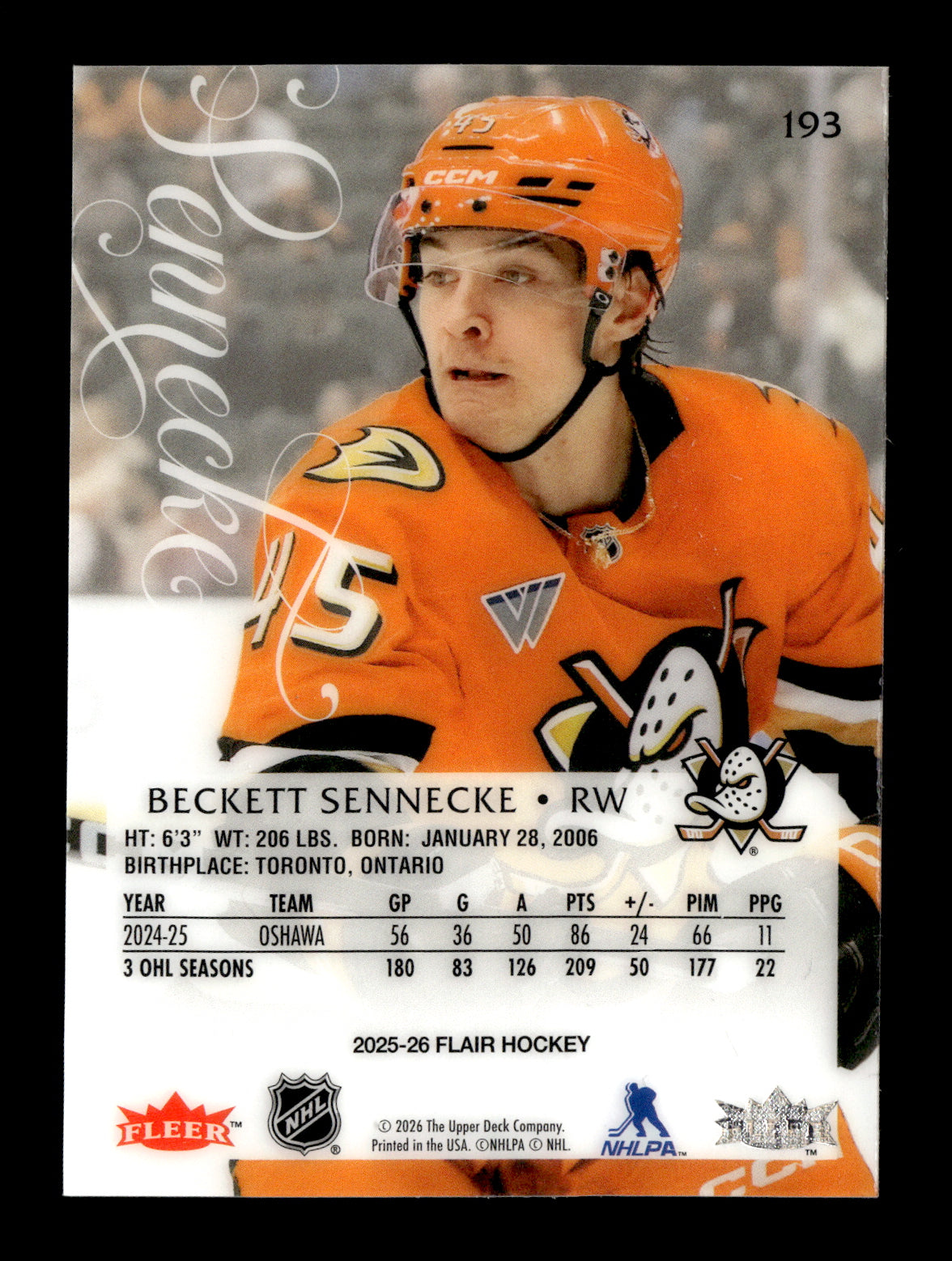 2025-26 Flair Beckett Sennecke #193 Anaheim Ducks