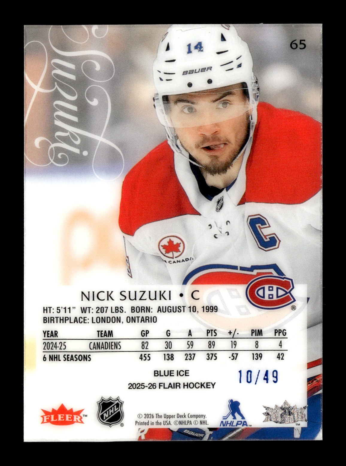 2025-26 Flair Nick Suzuki #65 Blue Ice #/49 Montreal Canadiens