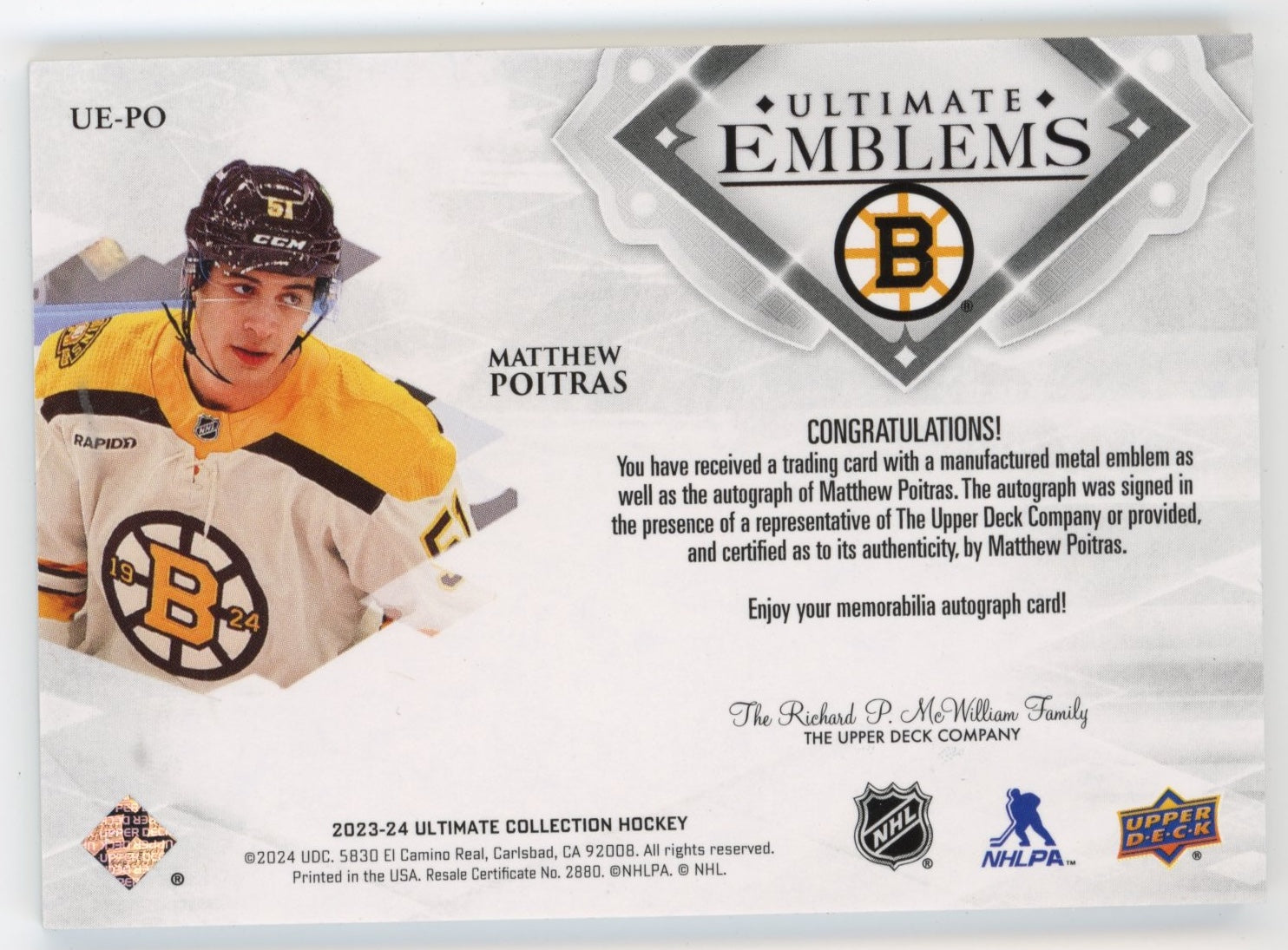 2023-24 Upper Deck Ultimate Collection Matthew Poitras #UE-PO Ultimate Emblems Autographs Boston Bruins
