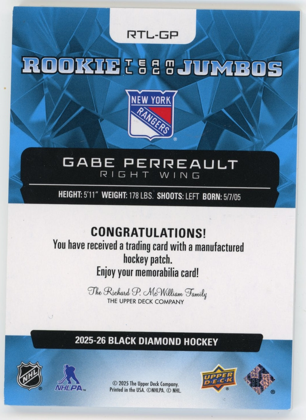 2025-26 Upper Deck Black Diamond Gabe Perreault #RTL-GP Team Logo Jumbo Rookies New York Rangers