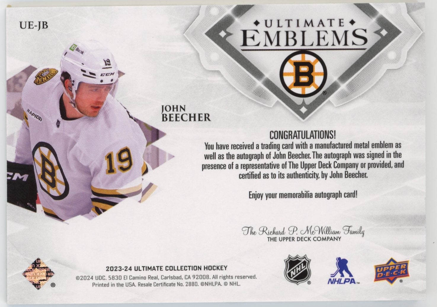 2023-24 Upper Deck Ultimate Collection John Beecher #UE-JB Ultimate Emblems Autographs Boston Bruins