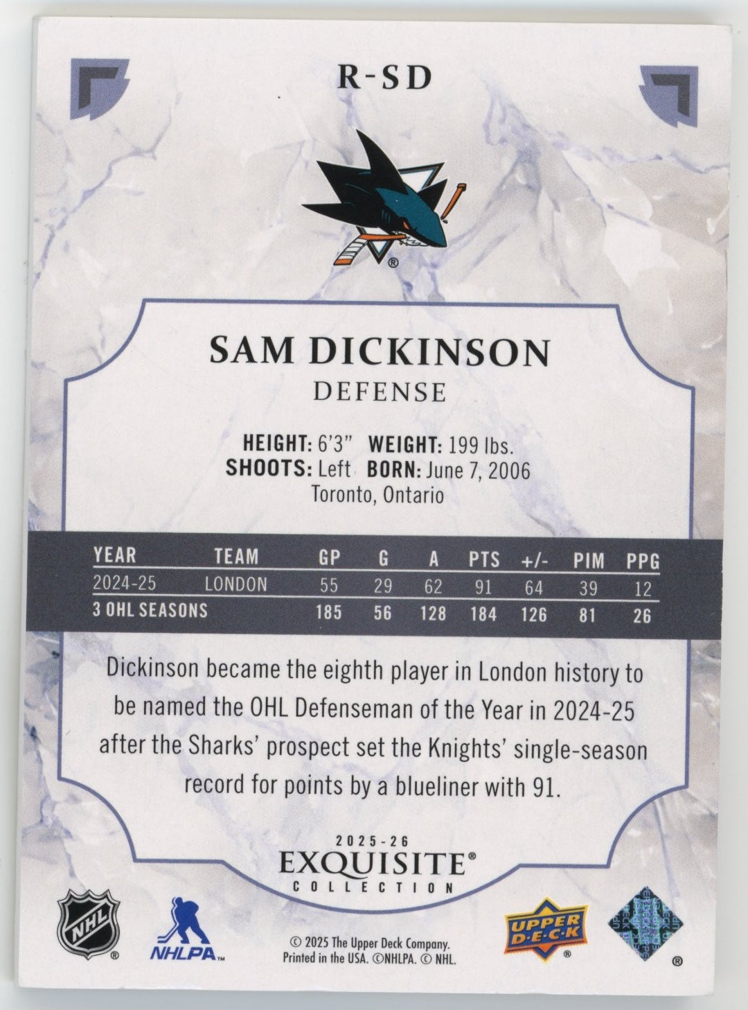 2025-26 Upper Deck Black Diamond Sam Dickinson #R-SD Exquisite Collection Rookies Gold Spectrum #/25 San Jose Sharks