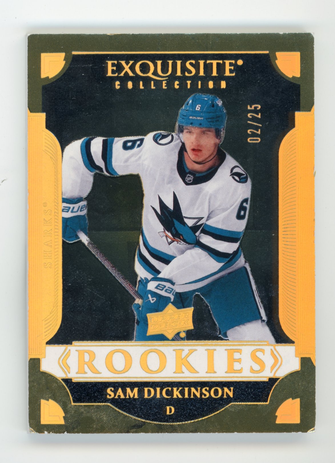2025-26 Upper Deck Black Diamond Sam Dickinson #R-SD Exquisite Collection Rookies Gold Spectrum #/25 San Jose Sharks