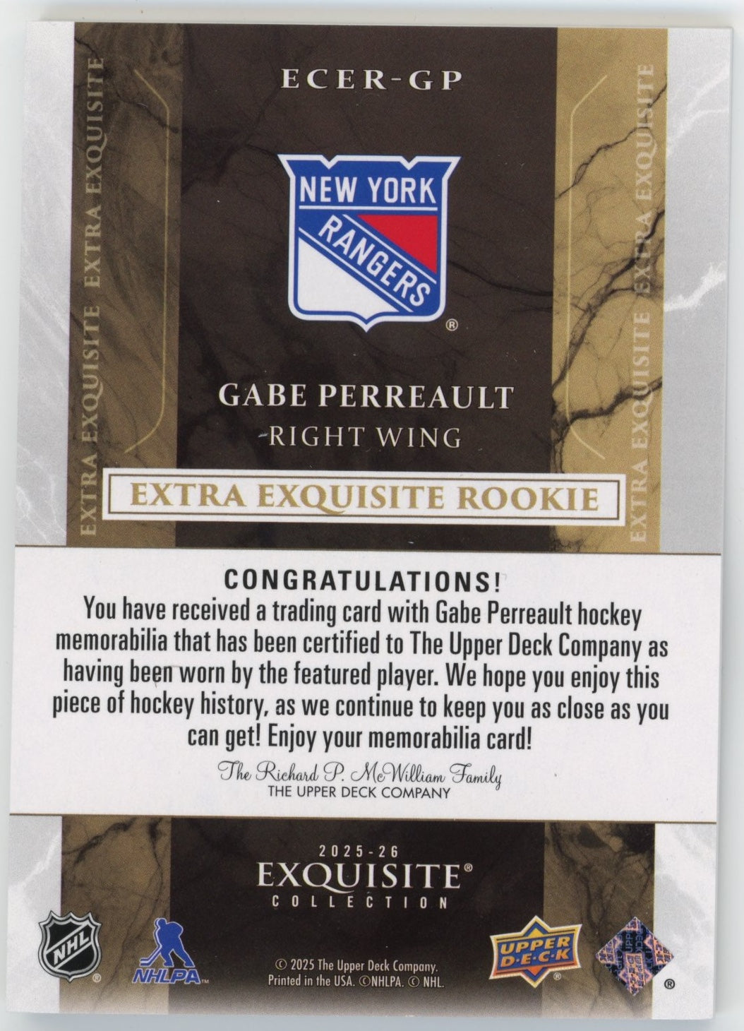 2025-26 Upper Deck Black Diamond Gabe Perreault #ECER-GP Exquisite Collection Extra Exquisite Rookie Jersey #/349 New York Rangers