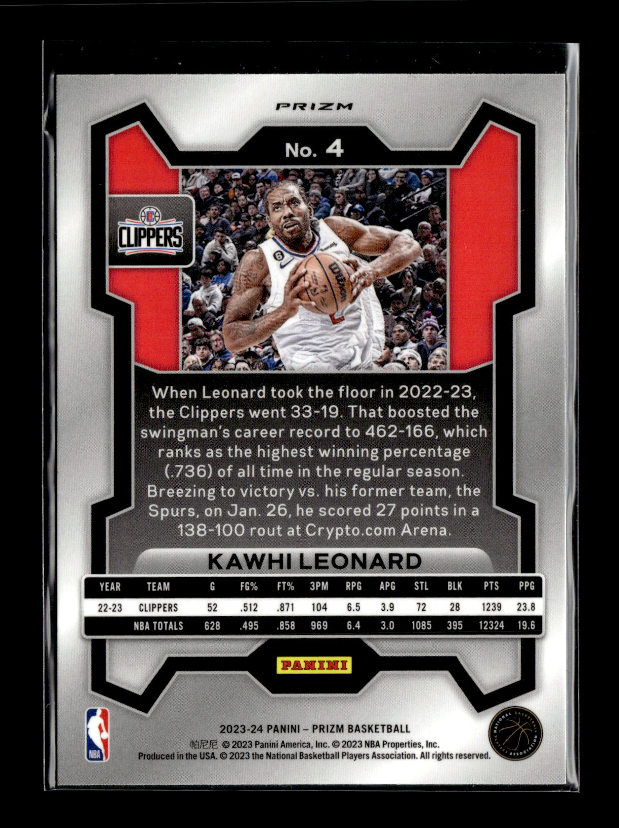 2023-24 Panini Prizm Kawhi Leonard #4 Prizms Red Sparkle Los Angeles Clippers