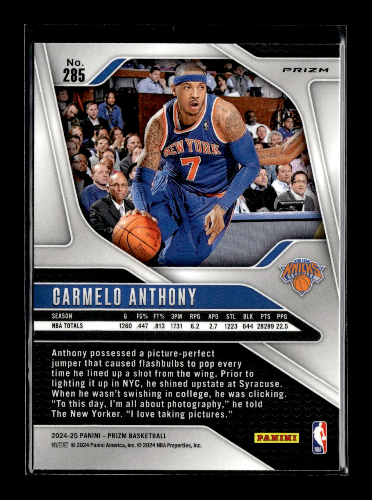 2024-25 Panini Prizm Carmelo Anthony #285 Prizms Red Sparkle New York Knicks