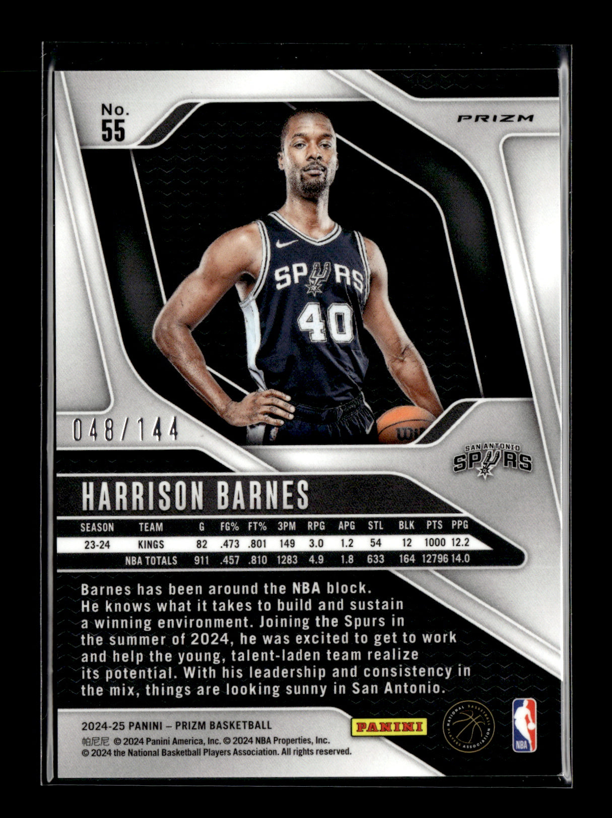 2024-25 Panini Prizm Harrison Barnes #55 Prizms Blue Sparkle #/144 San Antonio Spurs