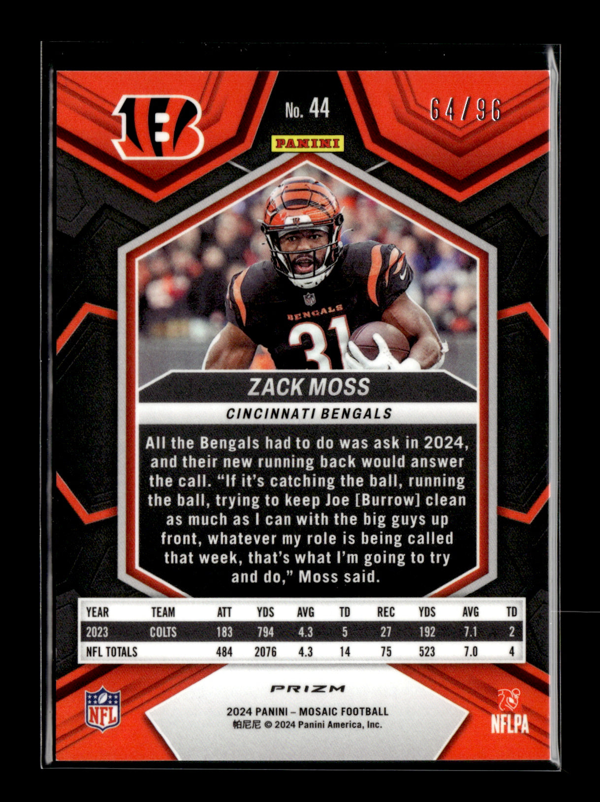 2024 Panini Mosaic Zack Moss #44 Blue Sparkle #/96 Cincinnati Bengals