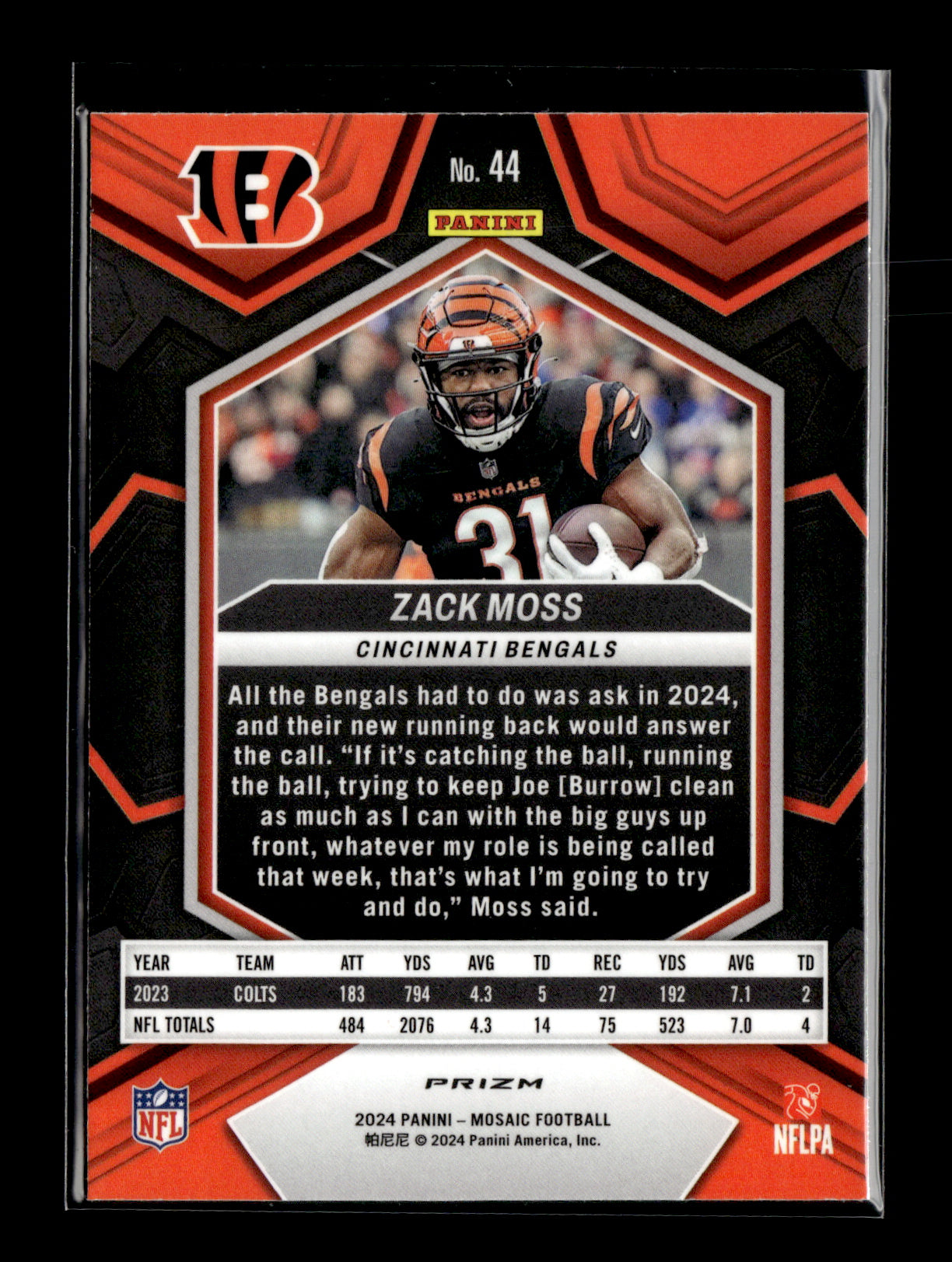2024 Panini Mosaic Zack Moss #44 Red Sparkle Cincinnati Bengals