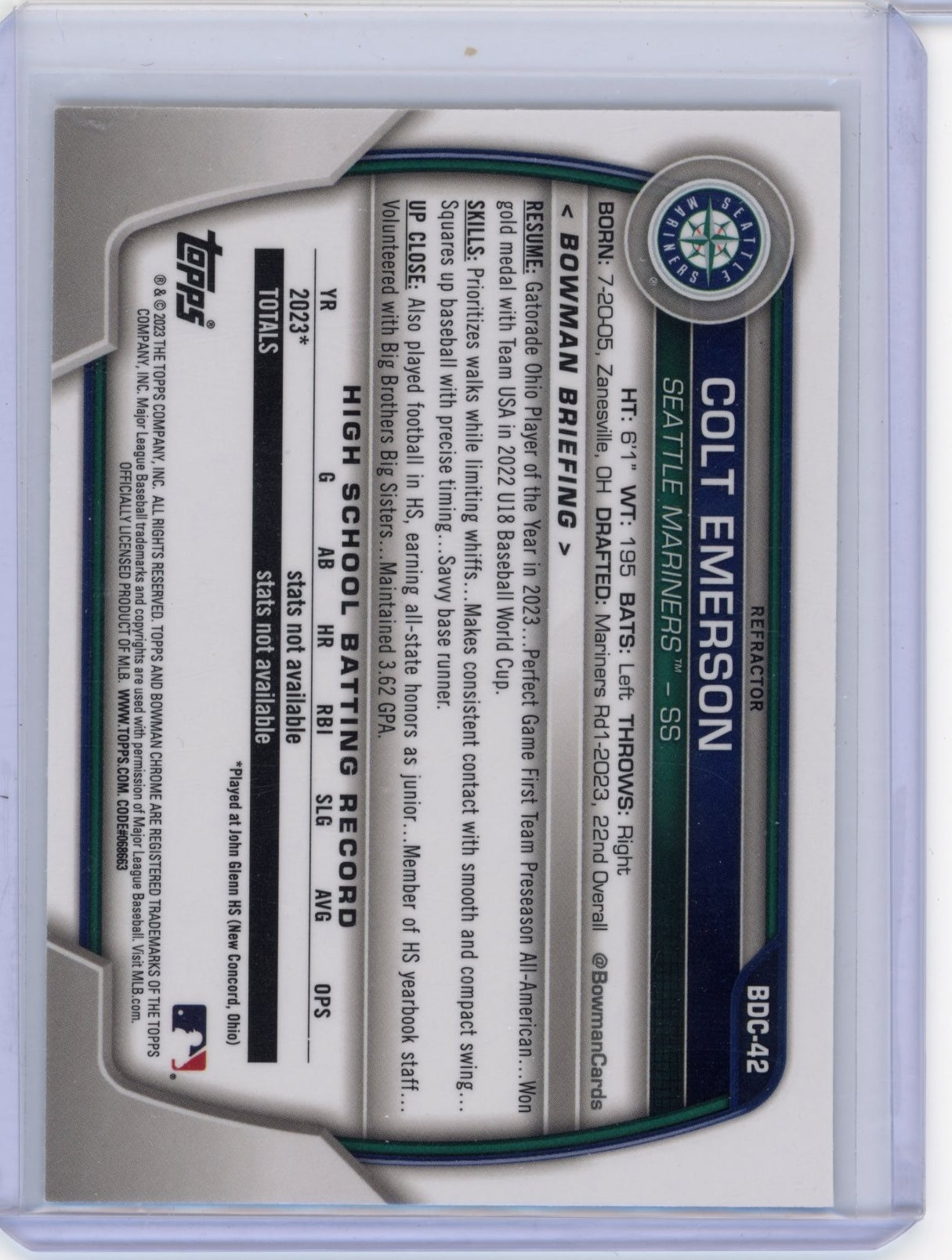 2023 Bowman Draft Colt Emerson #BDC-42 Chrome Refractor Seattle Mariners