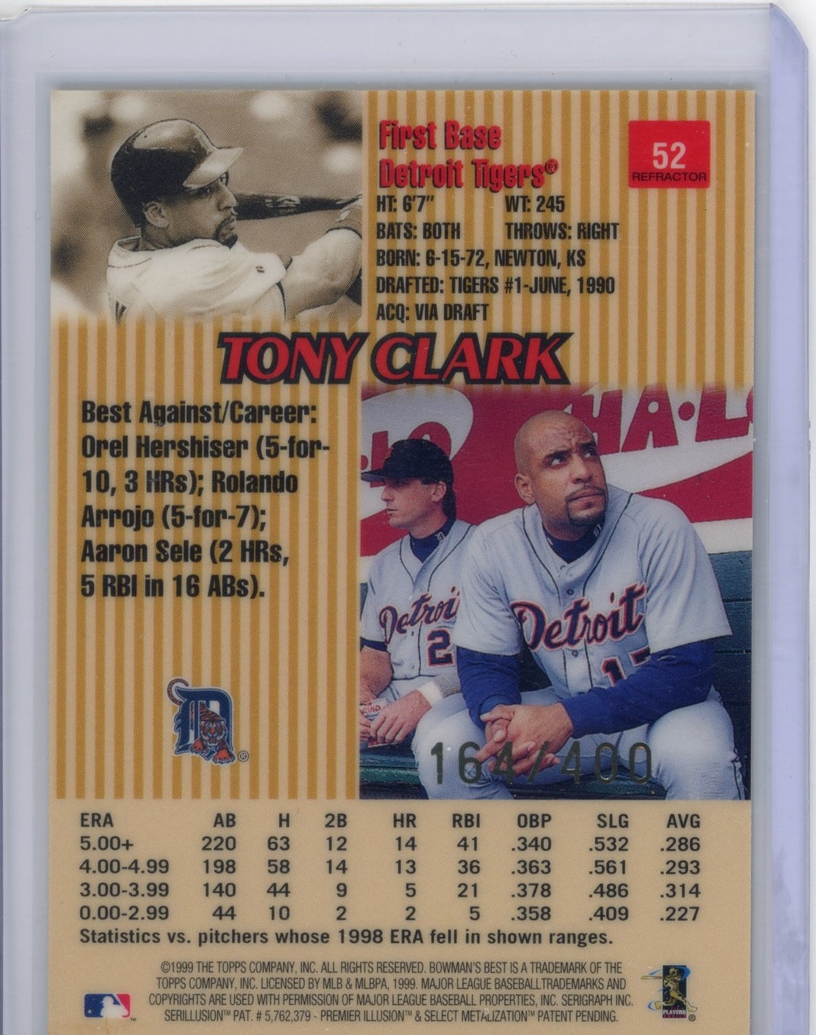 1999 Bowman's Best Tony Clark #52 Refractors #/400 Detroit Tigers