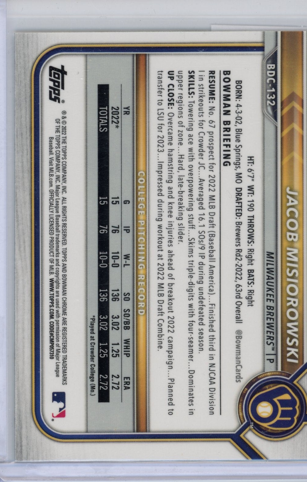 2022 Bowman Draft Jacob Misiorowski #BDC-132 Chrome Milwaukee Brewers
