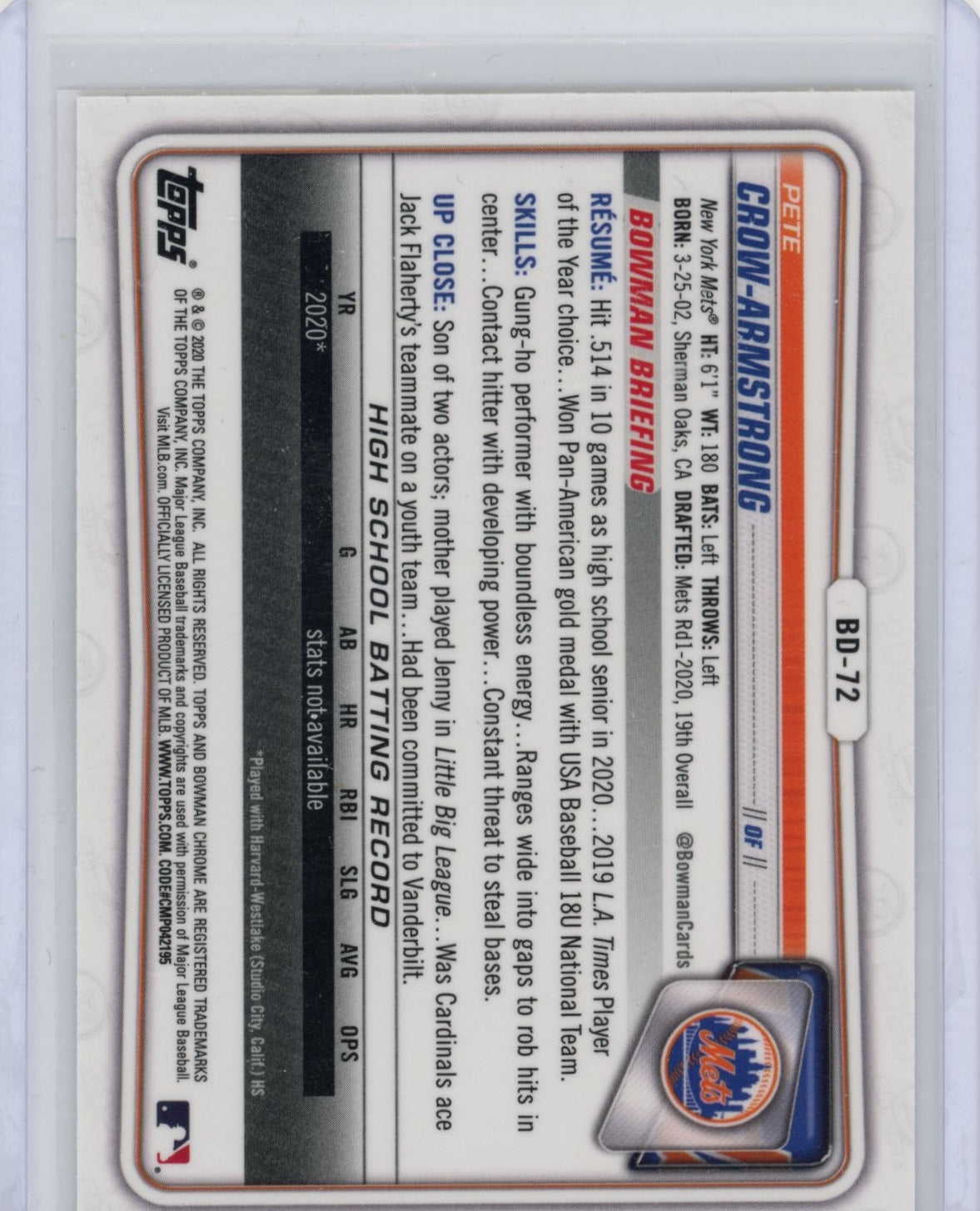 2020 Bowman Draft Pete Crow-Armstrong #BD-72 Chrome New York Mets