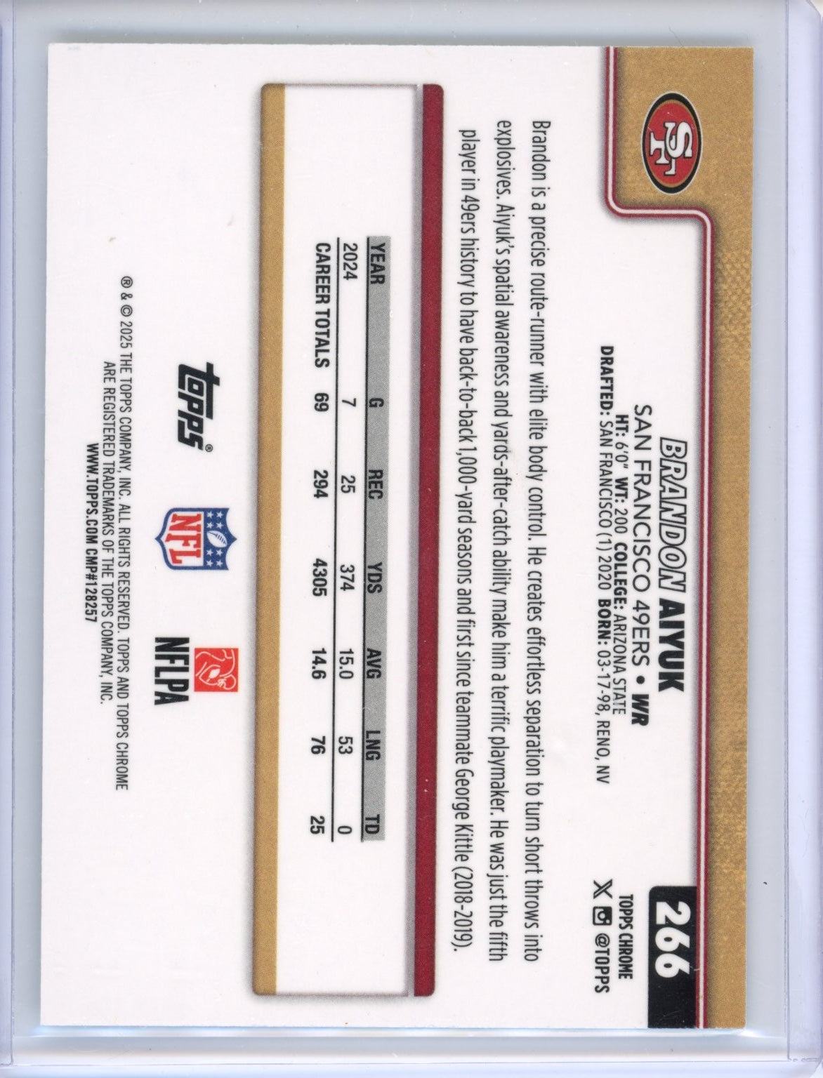 2025 Topps Chrome Brandon Aiyuk #266 Teal Refractor #/299 San Francisco 49ers