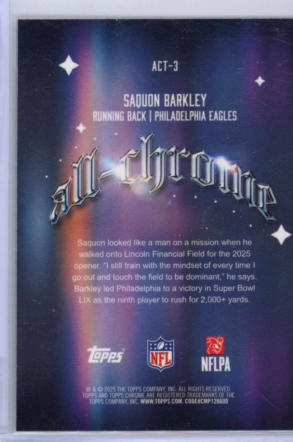 2025 Topps Chrome Saquon Barkley #ACT-3 All-Chrome Team Refractor Philadelphia Eagles Teal #/199