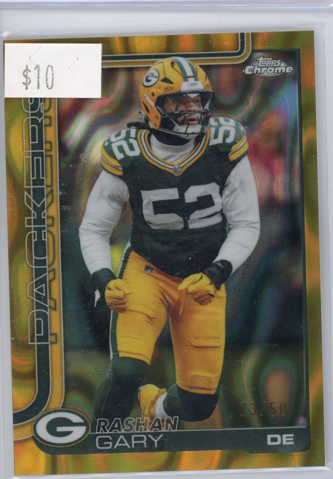 2025 Topps Chrome Rashan Gary #111 Refractor Green Bay Packers Gold Lava #/50