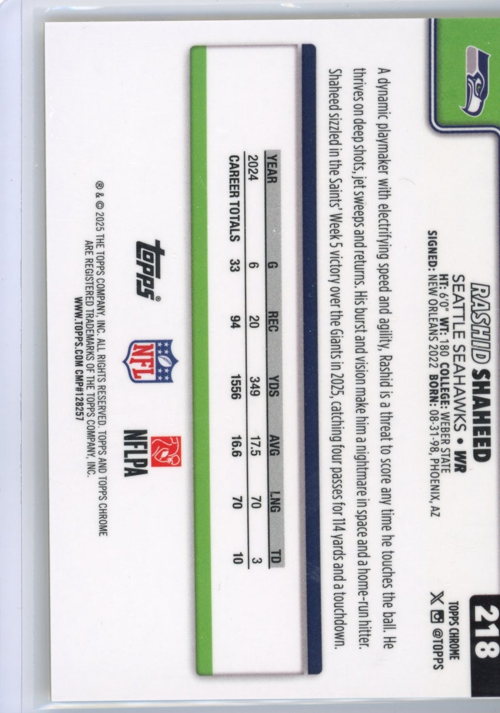 2025 Topps Chrome Rashid Shaheed #218 Seattle Seahawks Yellow Wave #/275