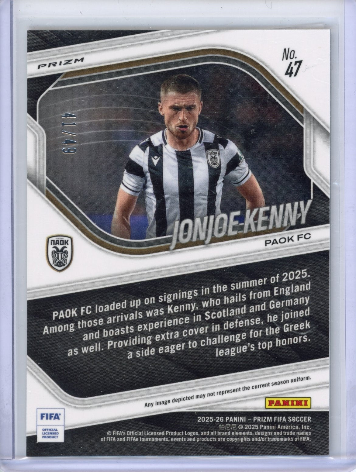 2025-26 Panini Prizm FIFA Jonjoe Kenny #47 Purple Wave Prizms #/49 PAOK FC