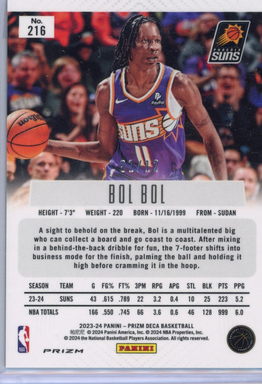 2023-24 Panini Prizm Deca Bol Bol #216 Prizms Green Shimmer FOTL #/12 Phoenix Suns