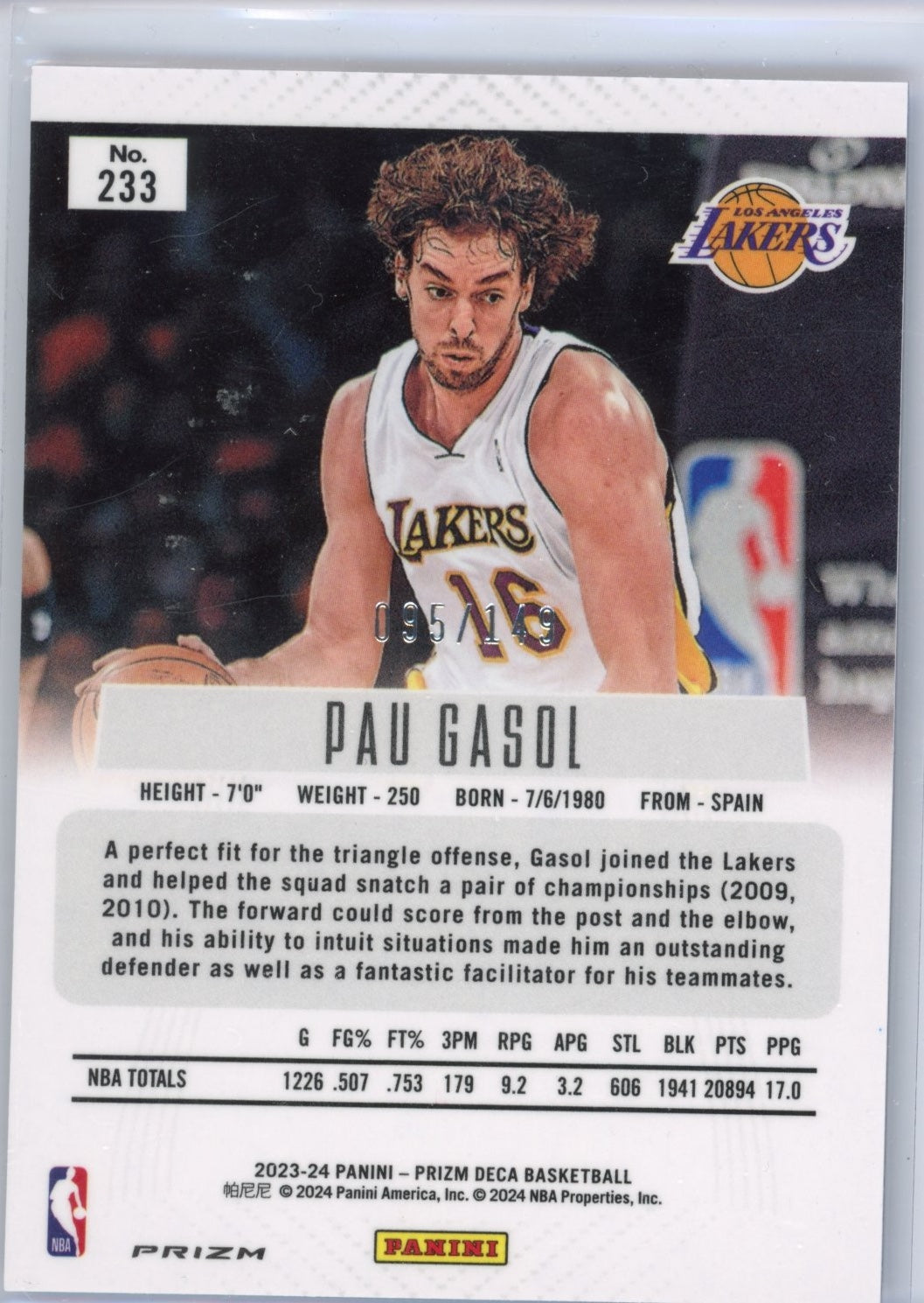 2023-24 Panini Prizm Deca Pau Gasol #233 Prizms Blue #/149 Los Angeles Lakers